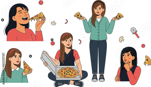 Group of women enjoying pizza slices with pizza box and pizza cutter in a cartoon style image