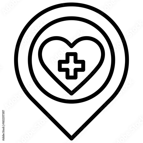 Medical Location Outline Icon Design Vector - Location pin with a heart and medical cross, representing nearby healthcare centers or medical facilities
