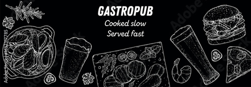 Gastropub menu. Pub food and beer. Hand drawn vector illustration. Food and drink sketch. Top view. Hand drawn food collection for gastropub or pub menu design. Beer and snacks.