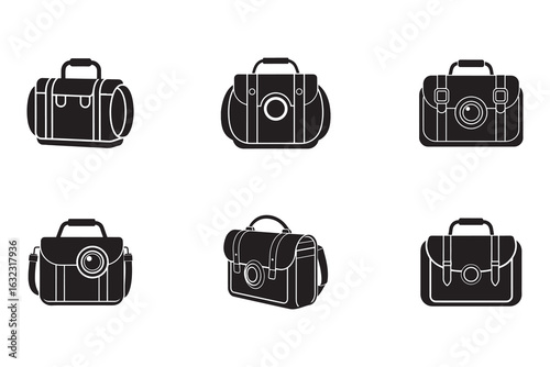 Vintage Camera Bag Collection Minimalist Iconography Set Various Styles Black and White Renderings for Graphic Design