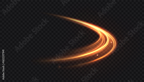 Bright orange swirl of light with sparks and curved glowing stripes on a dark background. Abstract vector effect for magical visuals, energy loops or dynamic designs.