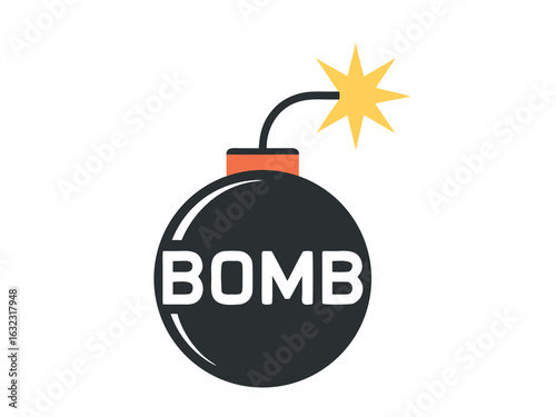Cartoon Bomb with Fuse and Word Bomb on White Background explosion danger