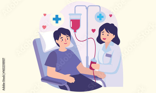 "Blood Donation Cartoon Illustrations – Smiling Patients and Caring Medical Staff"