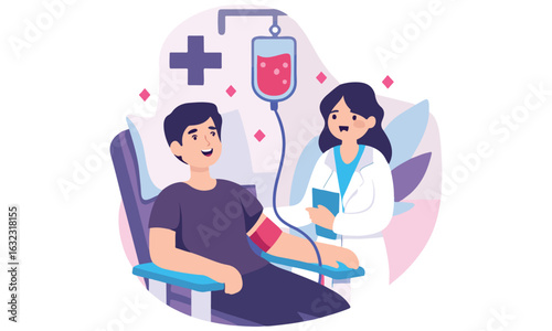 "Blood Donation Cartoon Illustrations – Smiling Patients and Caring Medical Staff"