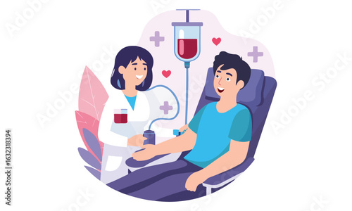 "Blood Donation Cartoon Illustrations – Smiling Patients and Caring Medical Staff"