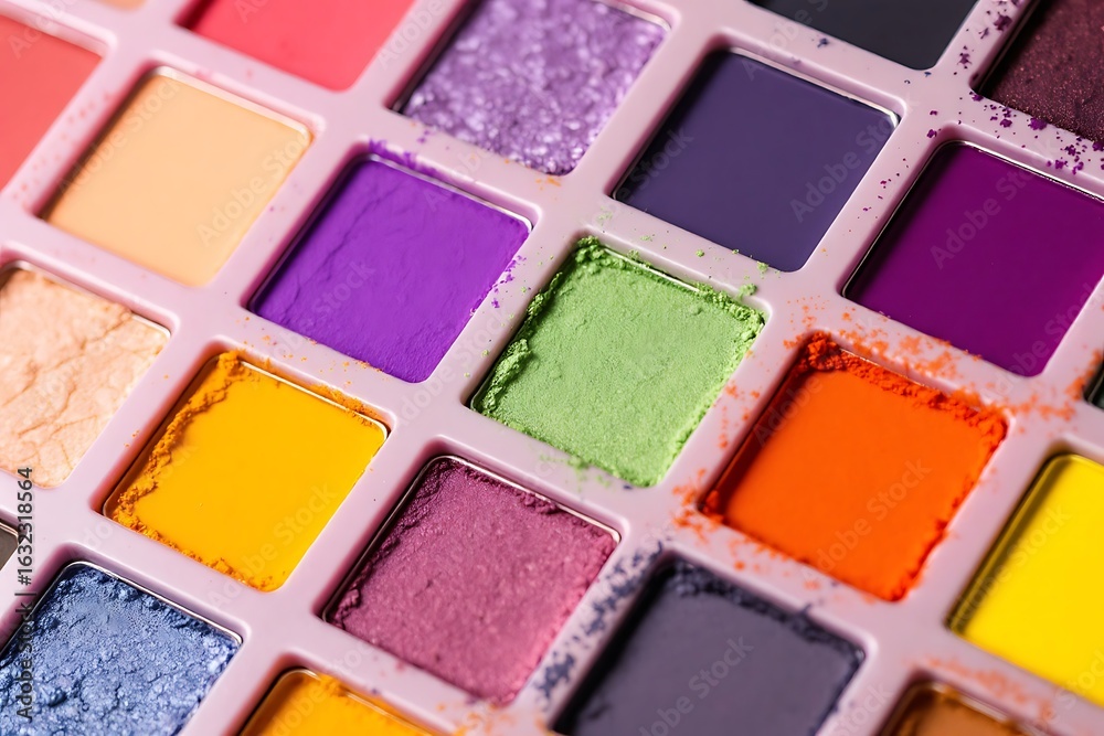 Fototapeta premium Photo of vibrant eyeshadow palette with various colorful pigments and textures for makeup application