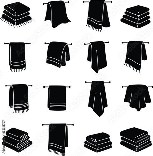 Black Towel Silhouettes Vector Collection: Hanging, Draped, Folded, and Stacked Towels for Bathroom, Spa, and Hotel Concepts Design.