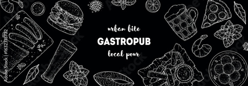 Gastropub menu. Pub food and beer. Hand drawn vector illustration. Food and drink sketch. Top view. Hand drawn food collection for gastropub or pub menu design. Beer,