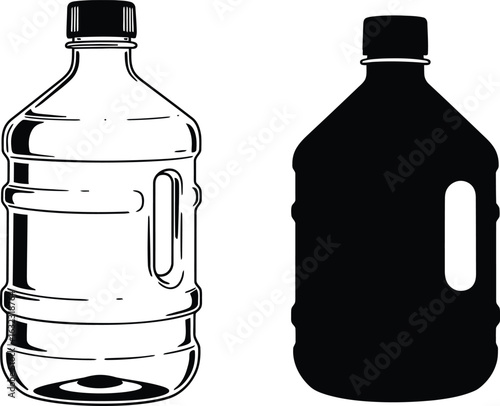 A pair of large plastic water jugs, one outlined and one solid black, a versatile and clean vector illustration for hydration, home, kitchen, and fitness themes.