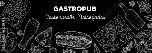 Gastropub menu. Pub food and beer. Hand drawn vector illustration. Food and drink sketch. Top view. Hand drawn food collection for gastropub or pub menu design. Beer and food frame.