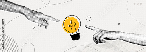 Trendy Halftone Collage Two Hands with lightbulb. Creative mind or brainstorm. Create creative idea concept. Business solutions. Think outside the box. Marketing time. Contemporary vector art