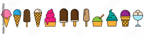 Ice cream vector icons set. Waffle cone illustration sign collection. Ice lolly symbol. Frozen juice logo.