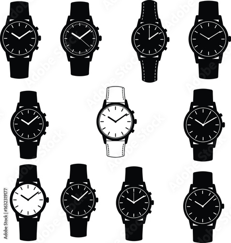 Extensive Vector Collection of Analog Wristwatch Icons: Diverse Black Silhouette and Detailed White Timepiece Designs, Highlighting Classic, Chronograph, and Modern Styles for Accessory Graphics.