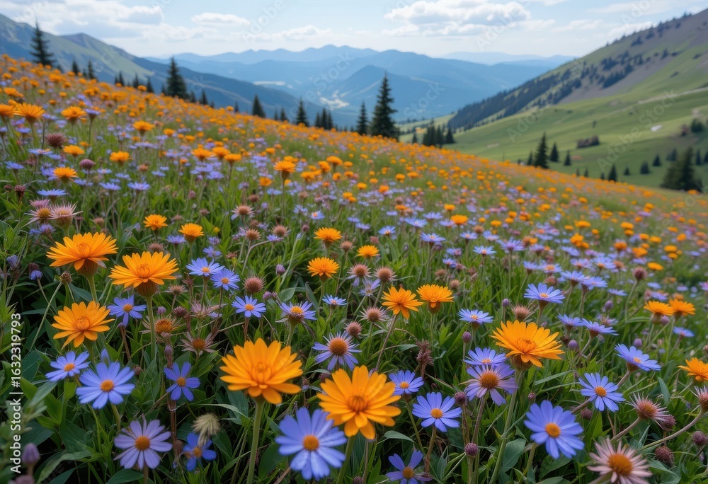 Obraz premium Close up Orange and Blue Wildflowers in a Mountain Meadow