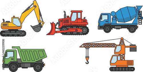Illustration of construction vehicles including excavator bulldozer cement truck and crane on white