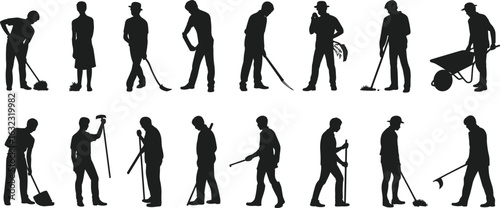 Worker silhouettes with cleaning tools, mop, broom, shovel, wheelbarrow, vector design for labor, maintenance, janitorial, cleaning industry