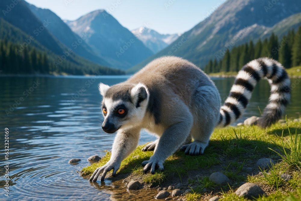 Obraz premium Ring-tailed lemur crouching at lake edge with majestic mountain background and natural daylight in wilderness concept scene. Ai generative