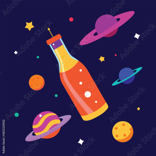 Vector art of a bottle of orange soda floats in space surrounded by planets and stars