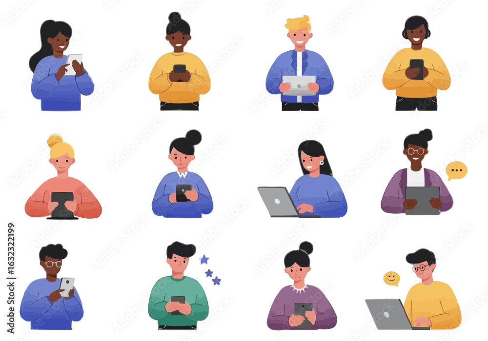 Diverse group of young adults using various digital devices, showcasing modern communication and technology usage. Diverse group of young adults using various digital devices, showcasing modern communication and technology usage.