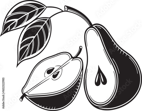 Black and white illustration of a whole pear and a halved pear