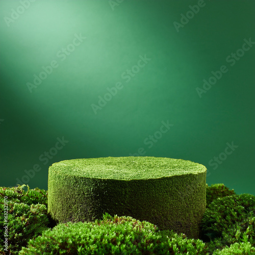 Minimal flat moss podium with lush greenery, eco concept product display platform, natural background for cosmetic or packaging design.