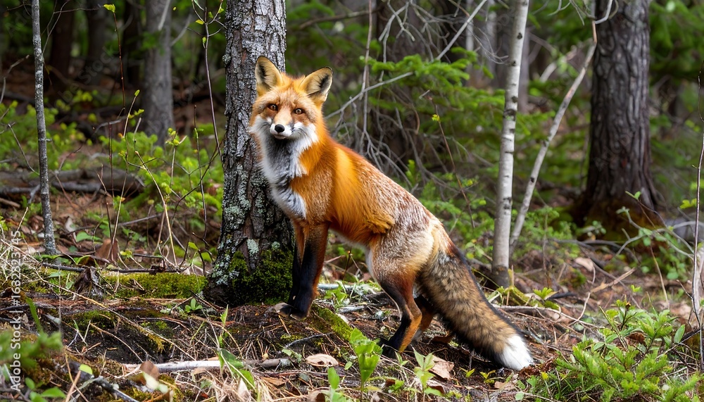 Obraz premium Majestic red fox portrait in natural forest habitat undergrowth environment outdoors