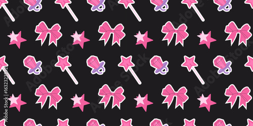 Seamless pattern with pink bows, pacifiers, magic wands, and stars on a black background. Trendy girly Y2K elements for fashion prints, textiles, stationery, or nostalgic pop culture designs.