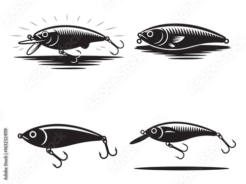 Four Vintage Fishing Lures in Black and White Silhouette