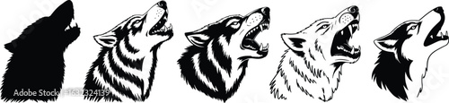 Wolf head illustration set, howling pose progression, silhouette to realistic detail, fur pattern evolution, animal artwork, wild nature graphic design