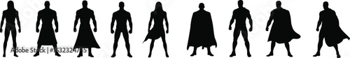 Superhero silhouette vector set, cape costume designs, heroic character poses, comic style icons, strong stance illustration, fantasy hero figures