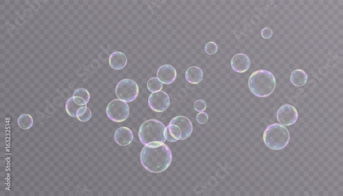 Transparent vector bubbles with soft reflections and rainbow highlights. Realistic floating soap elements ideal for hygiene visuals, design overlays, or playful bath concepts.