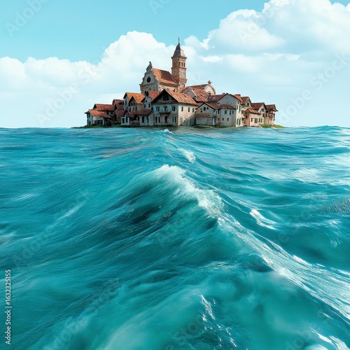 Island Town on a Wavy Ocean Under a Partly Cloudy Sky