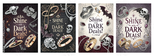 Set of four Gothic posters featuring jewelry with skulls bats and intricate patterns