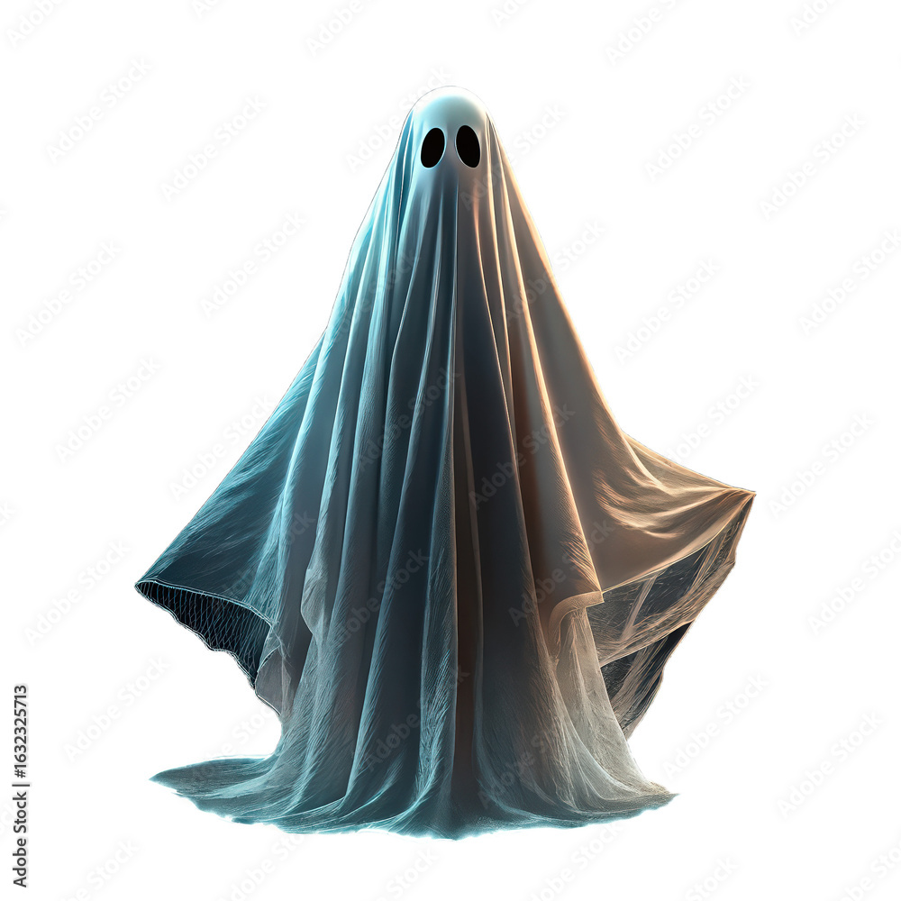 Naklejka premium Halloween ghost on transparent background spirit spooky figure eerie apparition spectral presence festive decoration png ghostly figure isolated phantom png Halloween spirit png ethereal being