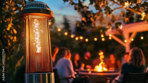 Glowing propane patio heater illuminating an outdoor gathering with friends and family seated around a fire pit with the heater keeping everyone warm under a starlit sky and soft lighting