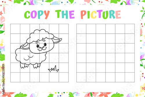 Cute Sheep Copy the Picture Activity Vector Illustration