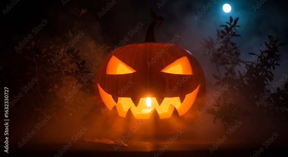 Fototapeta premium A grinning jackolantern glows surrounded by fog plants and a single radiant moon