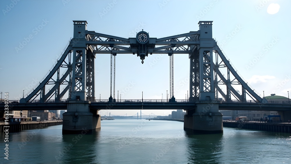 Fototapeta premium Industrial lift bridge over a river with a clear blue sky