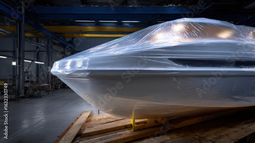 Boat wrapped in protective plastic film inside industrial warehouse with dramatic lighting