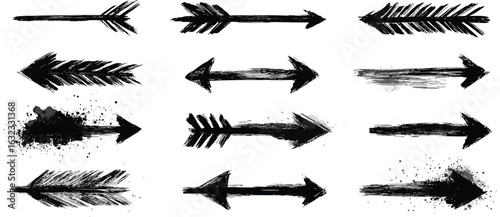 Set of hand-drawn grunge arrows isolated on white background. Black ink brush stroke doodles, sketchy pointers, and various direction symbols.