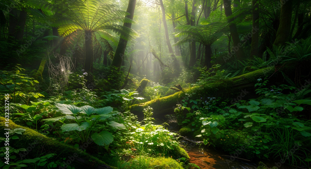 Fototapeta premium Enchanting Forest Stream: Sunlight Piercing Verdant Canopy.