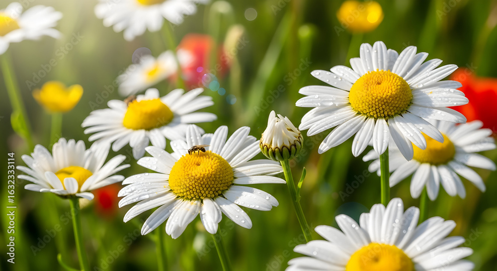 Fototapeta premium Sun-Drenched Daisy Meadow with Dewdrops and a Visiting Fly.