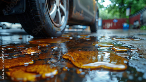 Leaking oil on a wet asphalt street.  A car tire is in the foreground, with puddles of dark amber liquid.