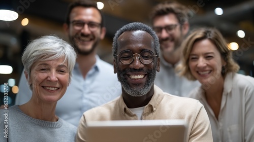 Multi-generational workplace collaboration, Gen Z and Baby Boomers working together on tablet, diverse ages sharing knowledge