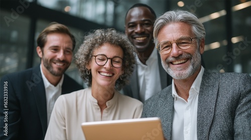 Multi-generational workplace collaboration, Gen Z and Baby Boomers working together on tablet, diverse ages sharing knowledge