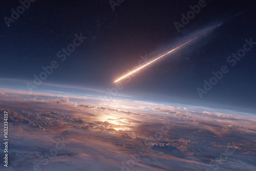 Meteor hurtling toward Earth creating a bright trail over the ocean while reflecting sunlight in a modern atmospheric setting