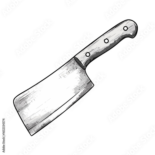 Kitchen cleaver with wooden handle in sketch style  