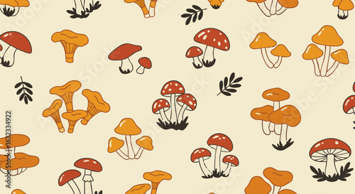 seamless pattern with autumn leaves and mushrooms