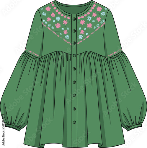Embroidered blouse CAD sketch, voluminous sleeve fashion illustration with button-down front, gathered cuffs and floral yoke, front view vector