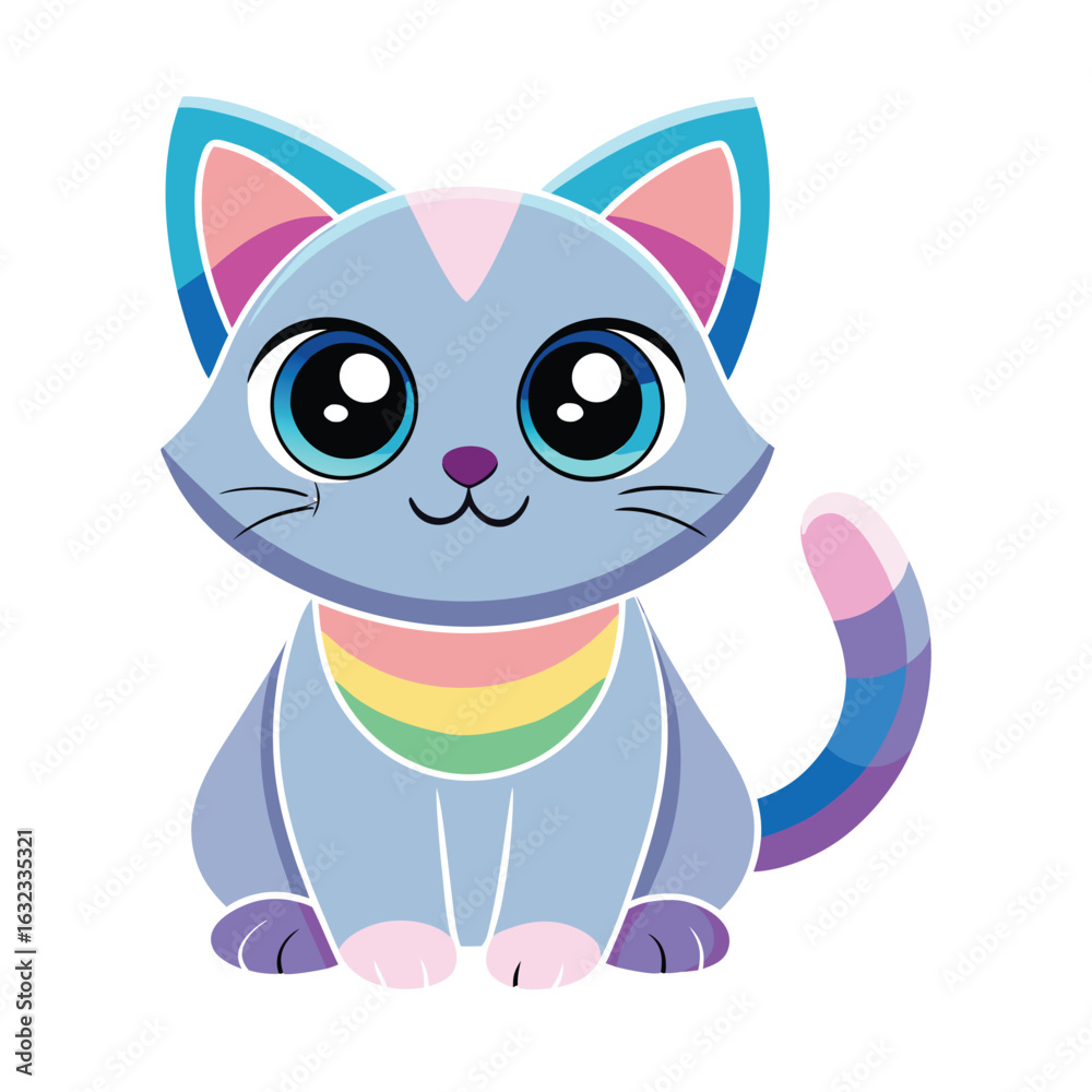 Obraz premium Playful Blue Cartoon Cat with Rainbow Collar and Colorful Tail